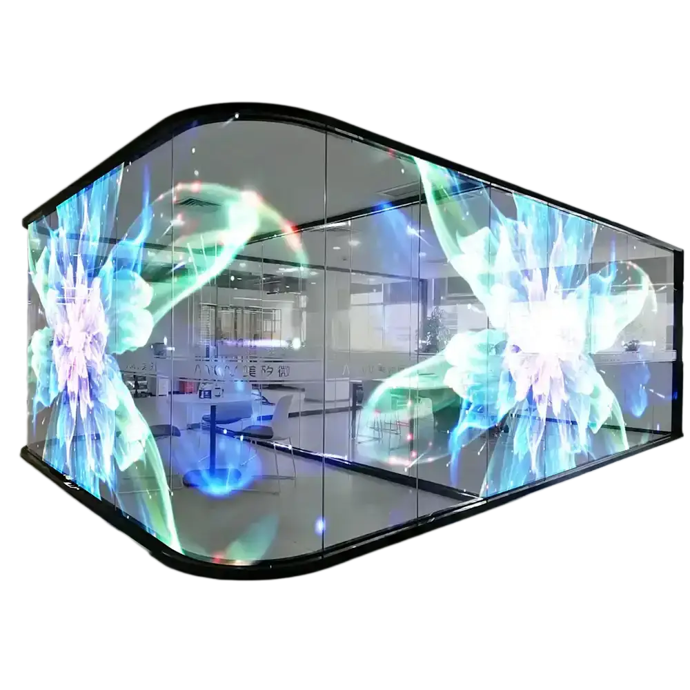 Curved transparent LED display showing vivid floral visuals in a showroom