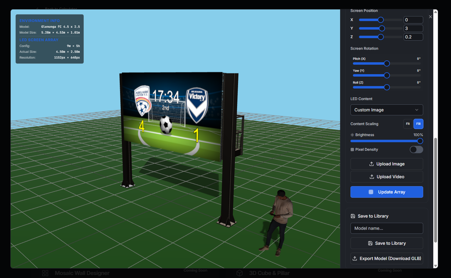 Aurora 3D visualizer rendering an LED scoreboard on the Glenunga FC field with real-world environment, screen position controls and live content upload
