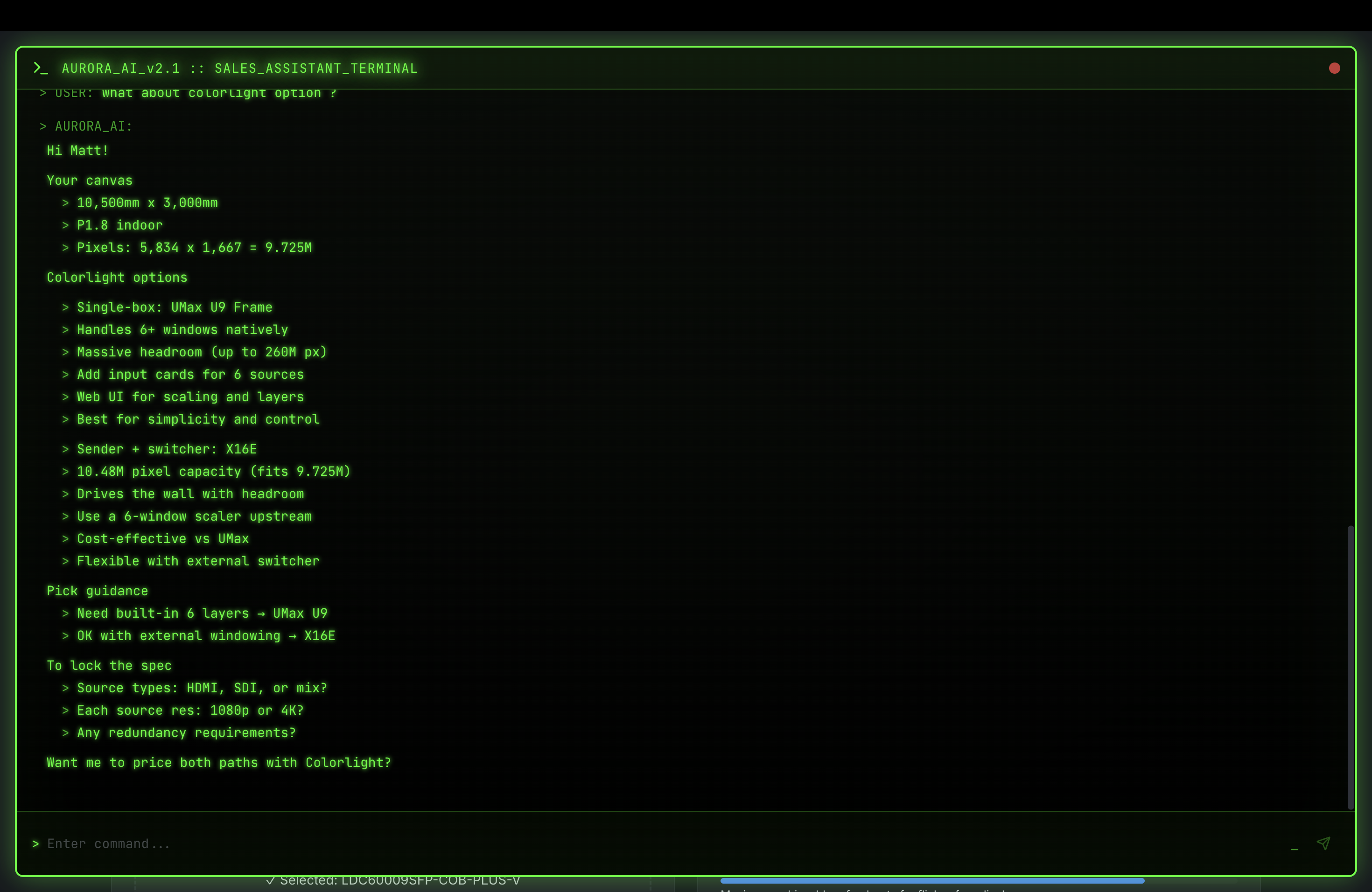 Aurora AI Sales Assistant terminal recommending Colorlight processor options for a 10,500mm x 3,000mm P1.8 indoor canvas