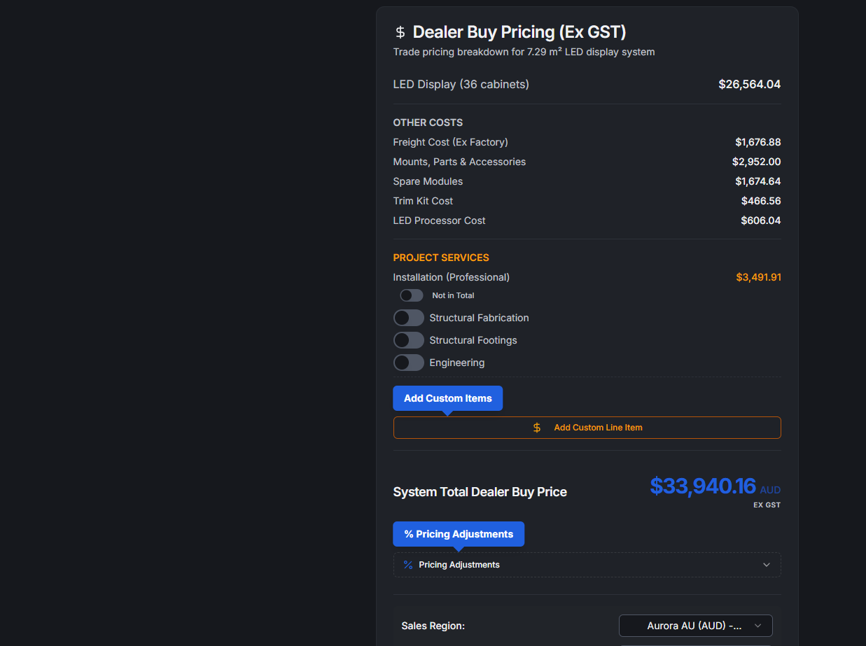 Aurora dealer-buy pricing breakdown showing LED display, freight, accessories, spares, trim, processor, project services and system total in AUD ex GST