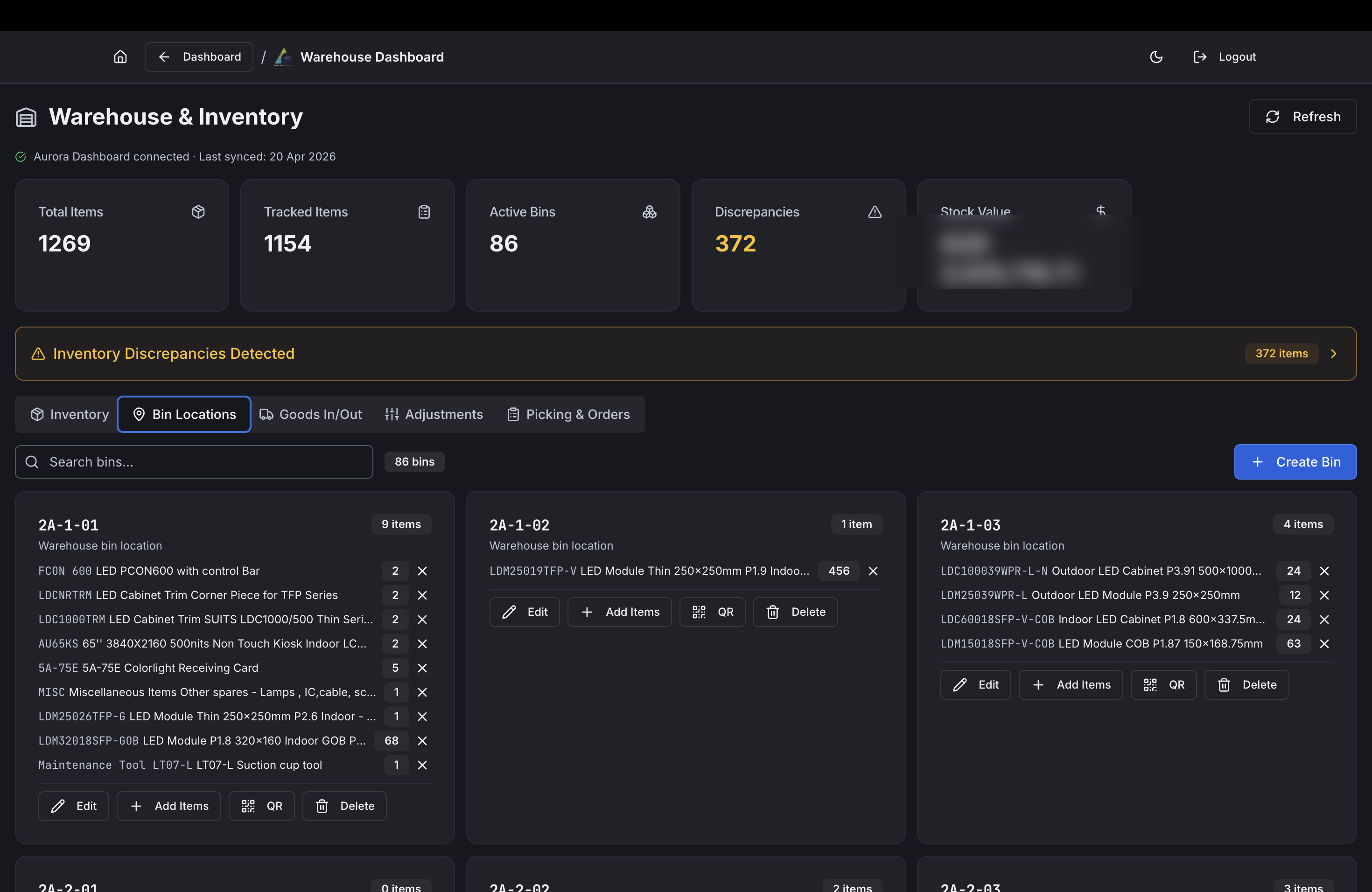 Aurora warehouse and inventory dashboard showing total items, tracked items, active bins, discrepancies and bin-level stock locations