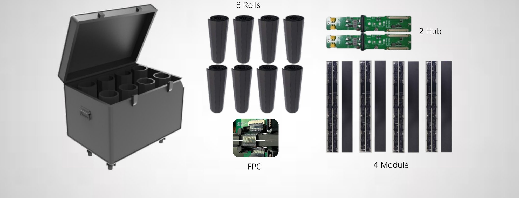 Eight-unit flight case — 8 rolls, hubs and modules