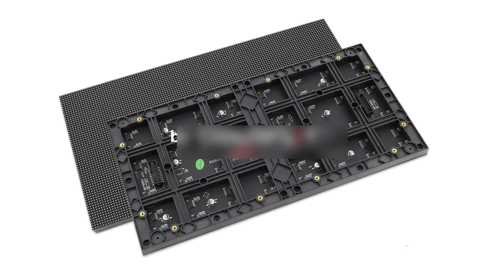 Low-cost LED module rear — brand redacted, exposed PCB, no potting or protection