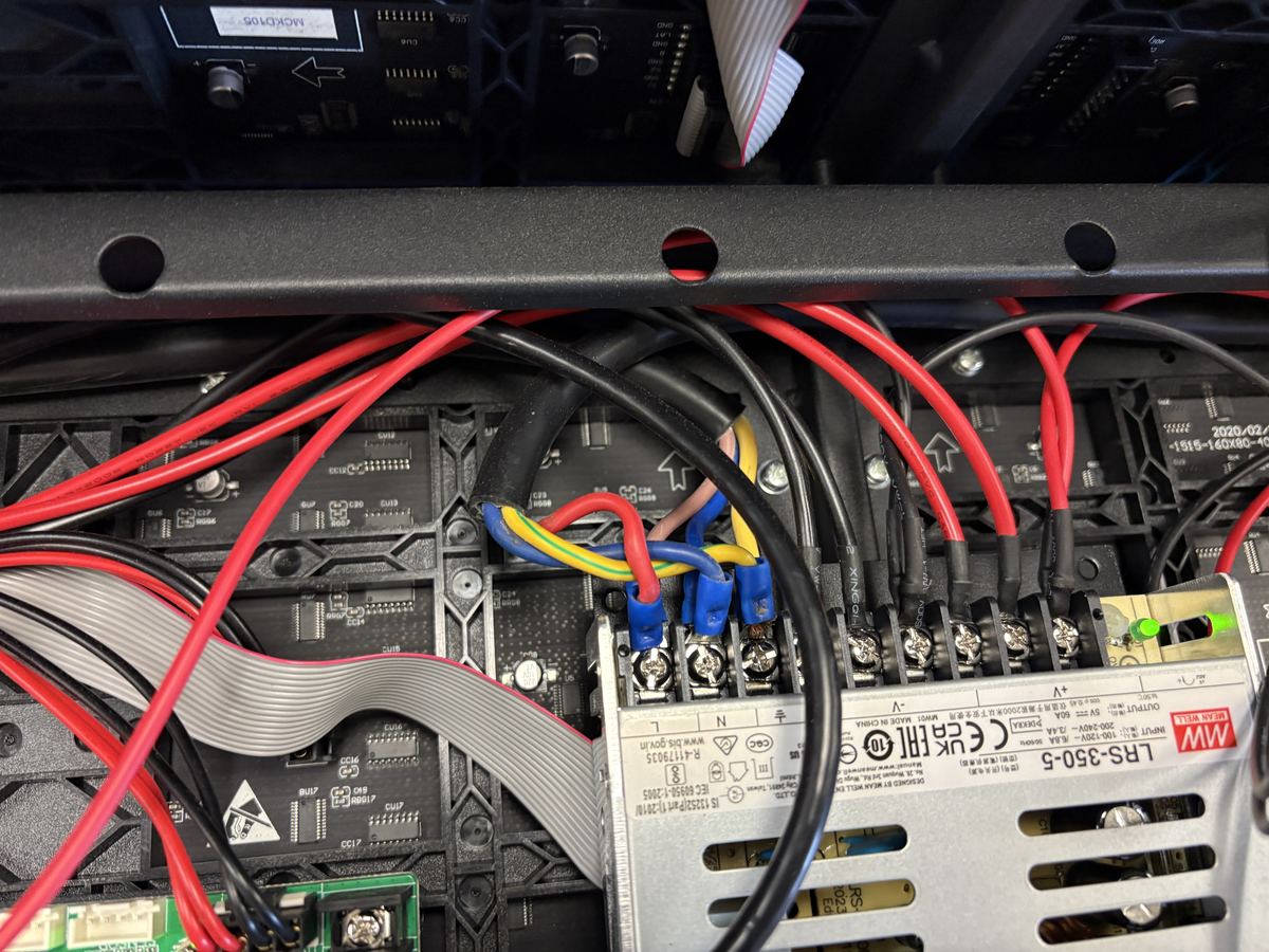 Mean Well LRS-350 PSU with exposed L/N/E screw terminals — no cover fitted