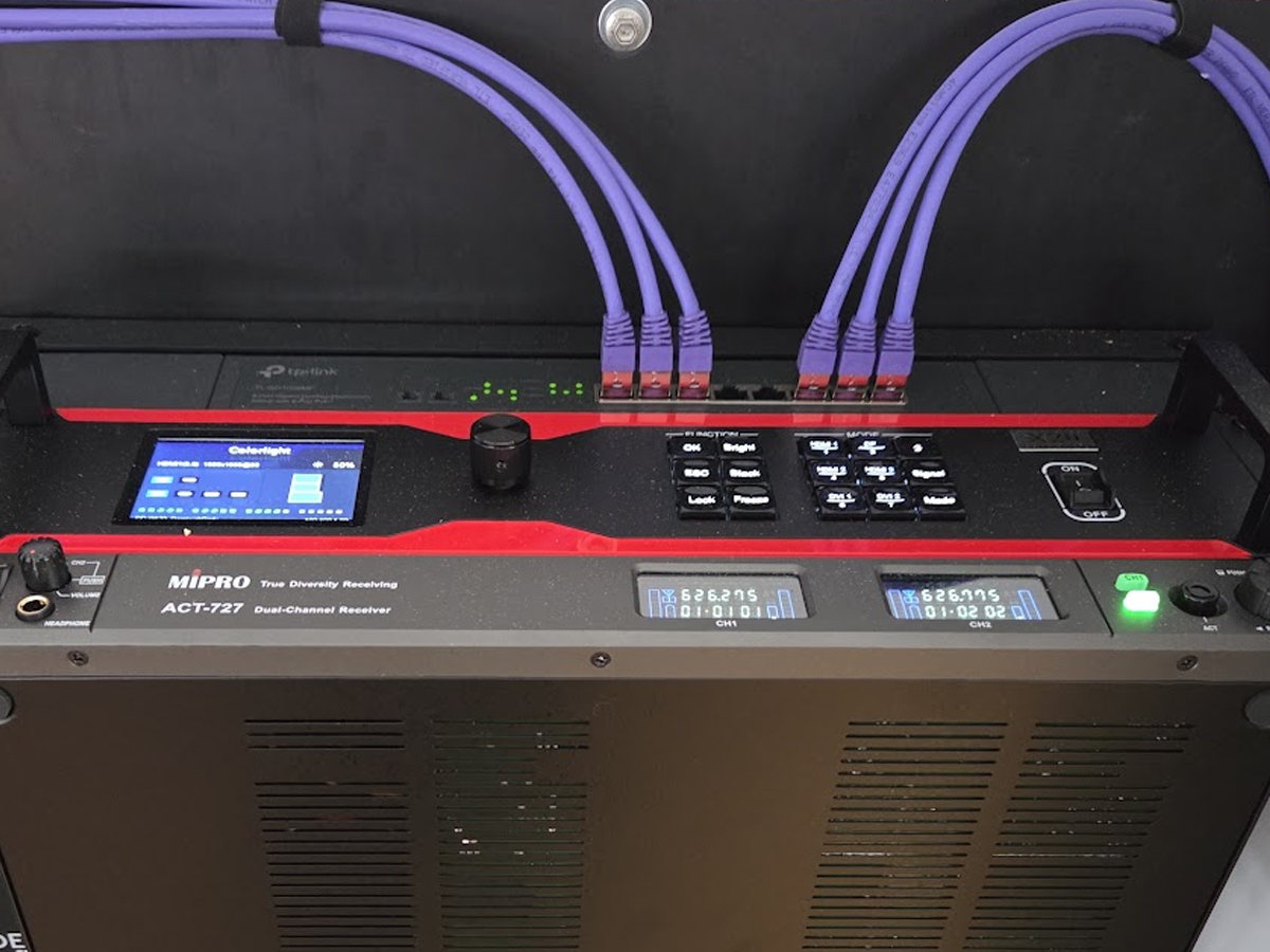 AV rack — Colorlight LED processor, Mipro ACT-727 dual wireless mic receiver