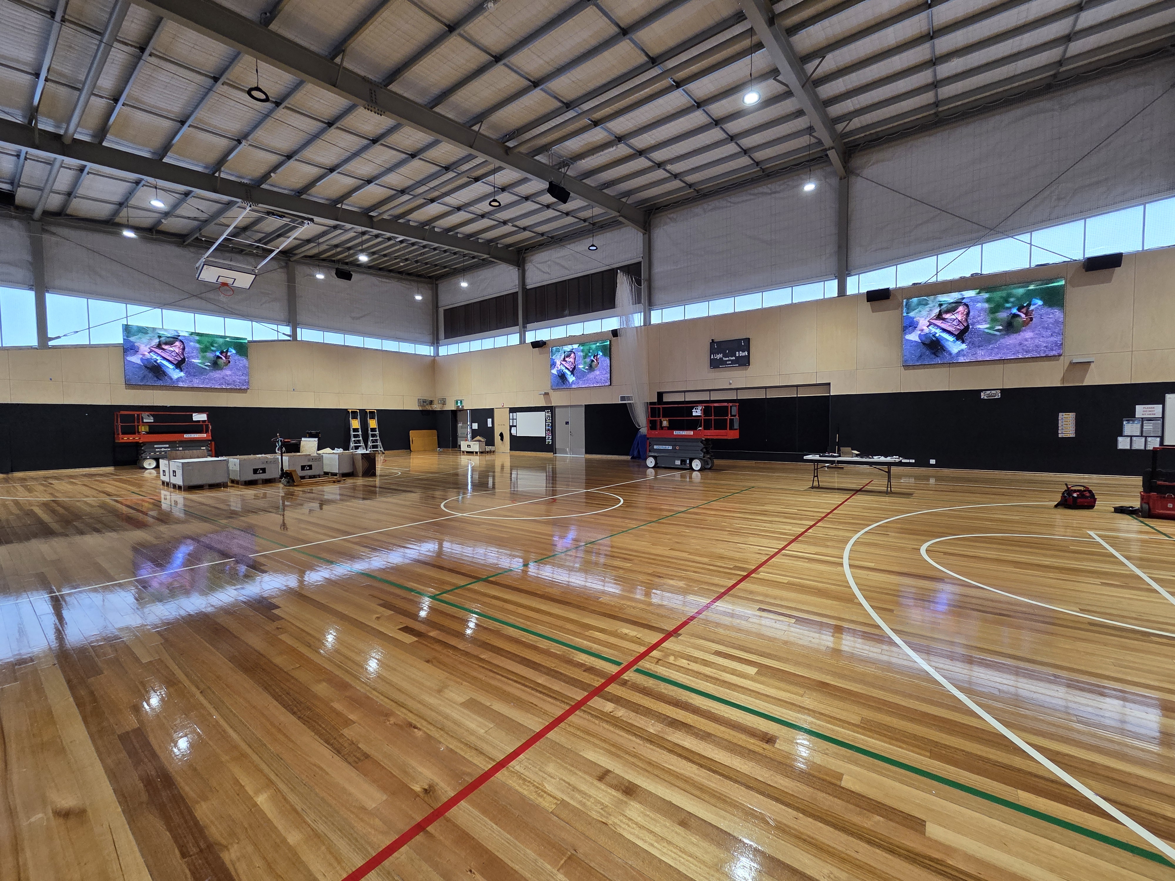Three Aurora VSPEC LED Video Walls during installation — Ramlegh Park Primary School gymnasium