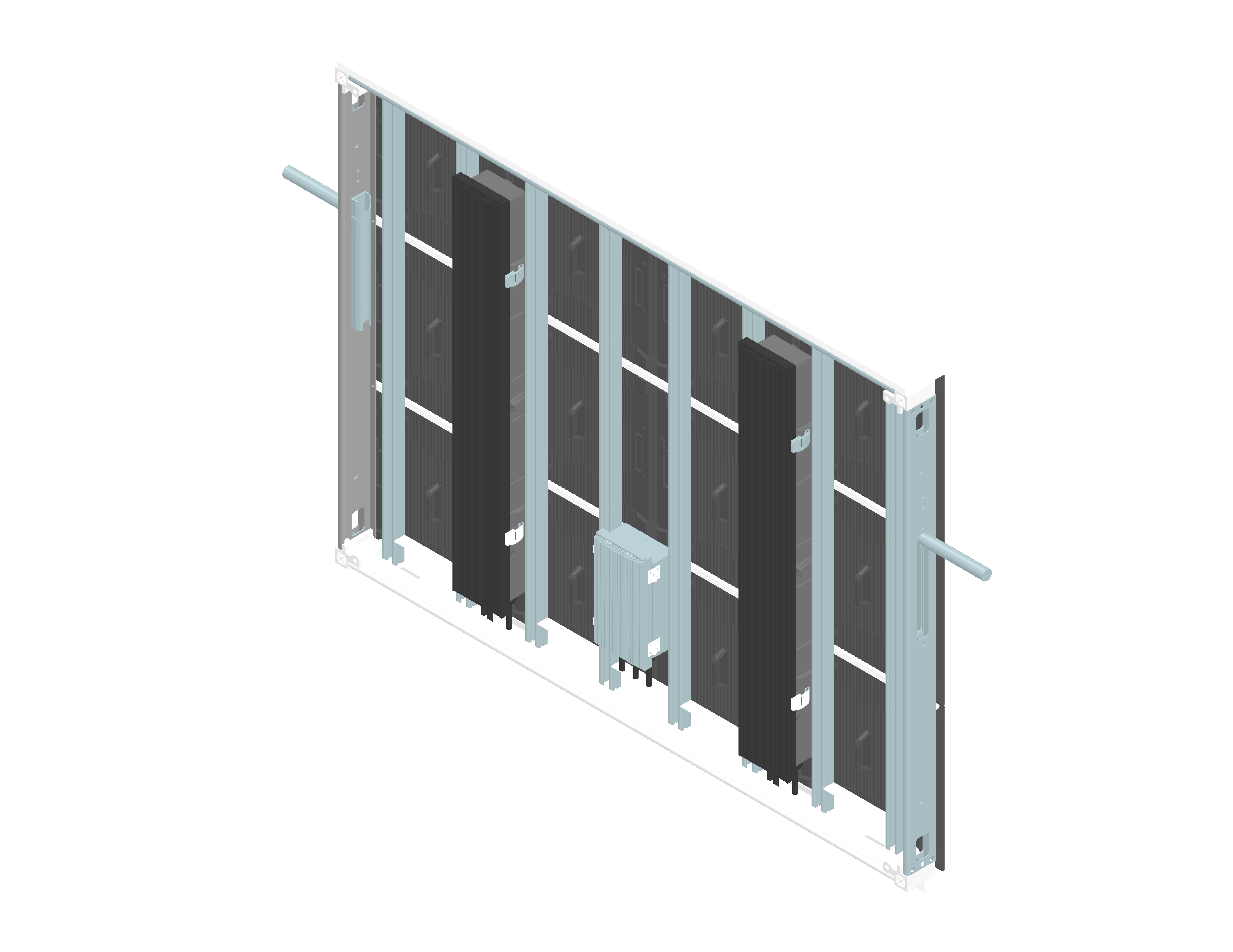 Aurora Signage LDC960960FOP Field of Play parapet LED cabinet — 960 × 960 × 90mm, rear isometric view showing open-frame structural mount and parapet bracket system