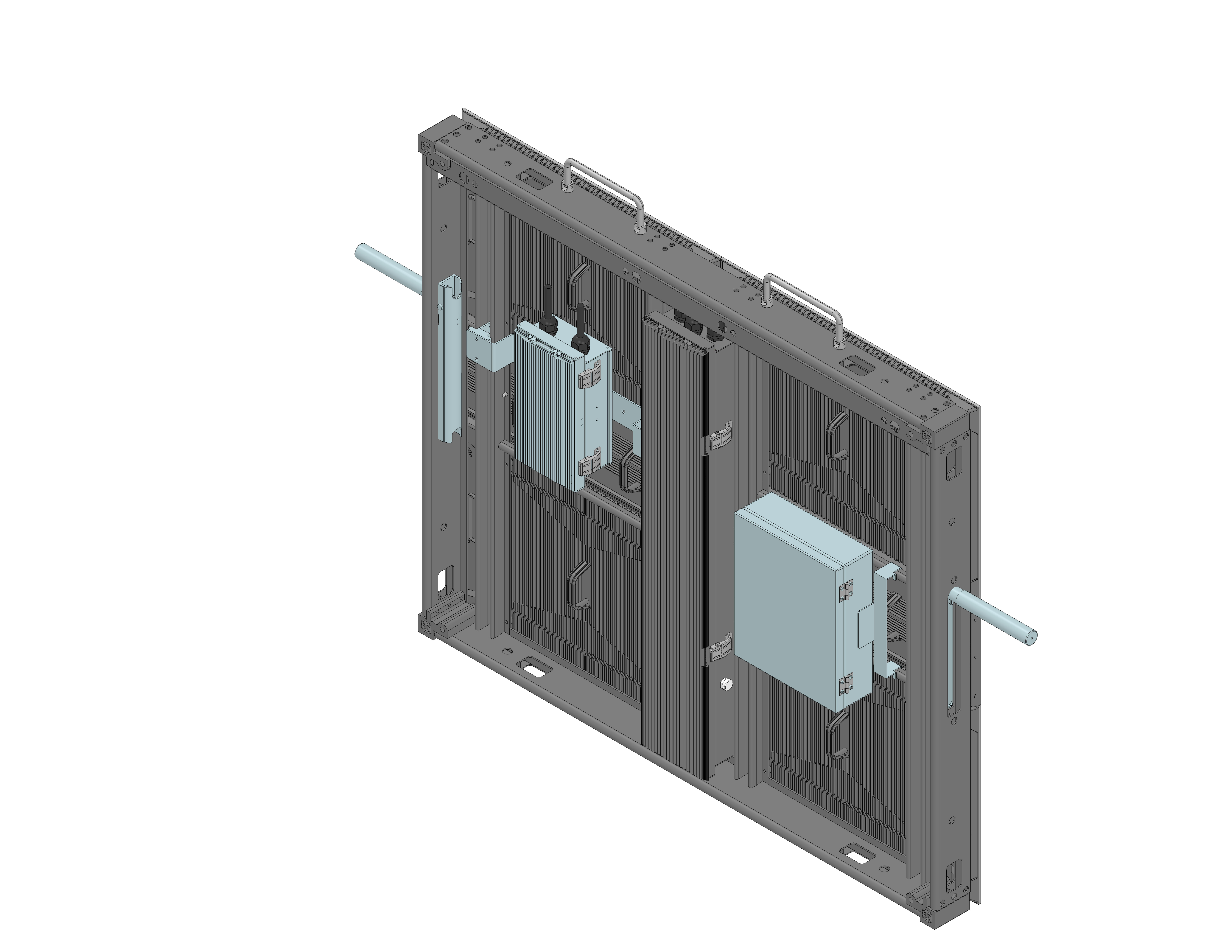 Aurora Signage field perimeter LED cabinet for the Melbourne Cricket Ground — rear isometric view showing receiver card, power supply and cross-rail spigot mounting