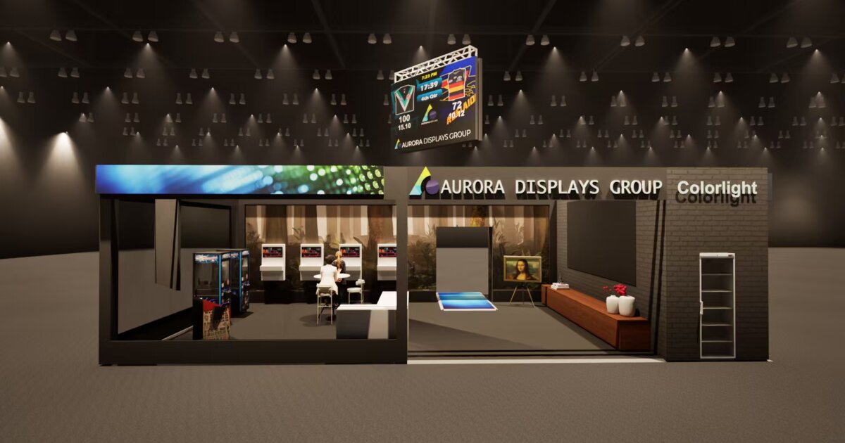 Aurora Displays Group stand at Integrate 2026, ICC Sydney, with the arcade claw machine and an LED video wall demo