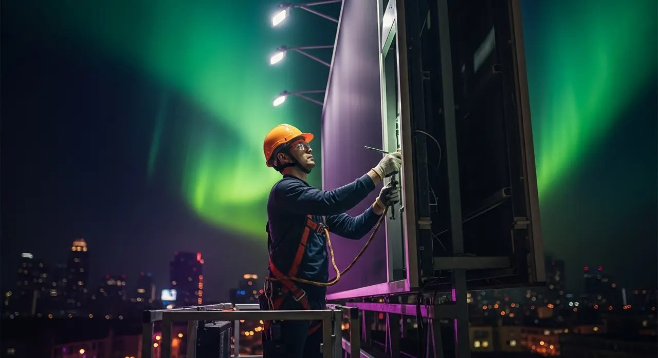 Technician servicing an Aurora LED display on site