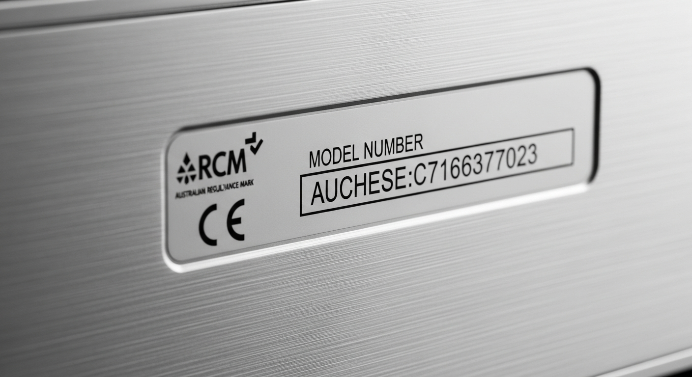 Compliance label on the rear of an LED display showing the RCM tick mark