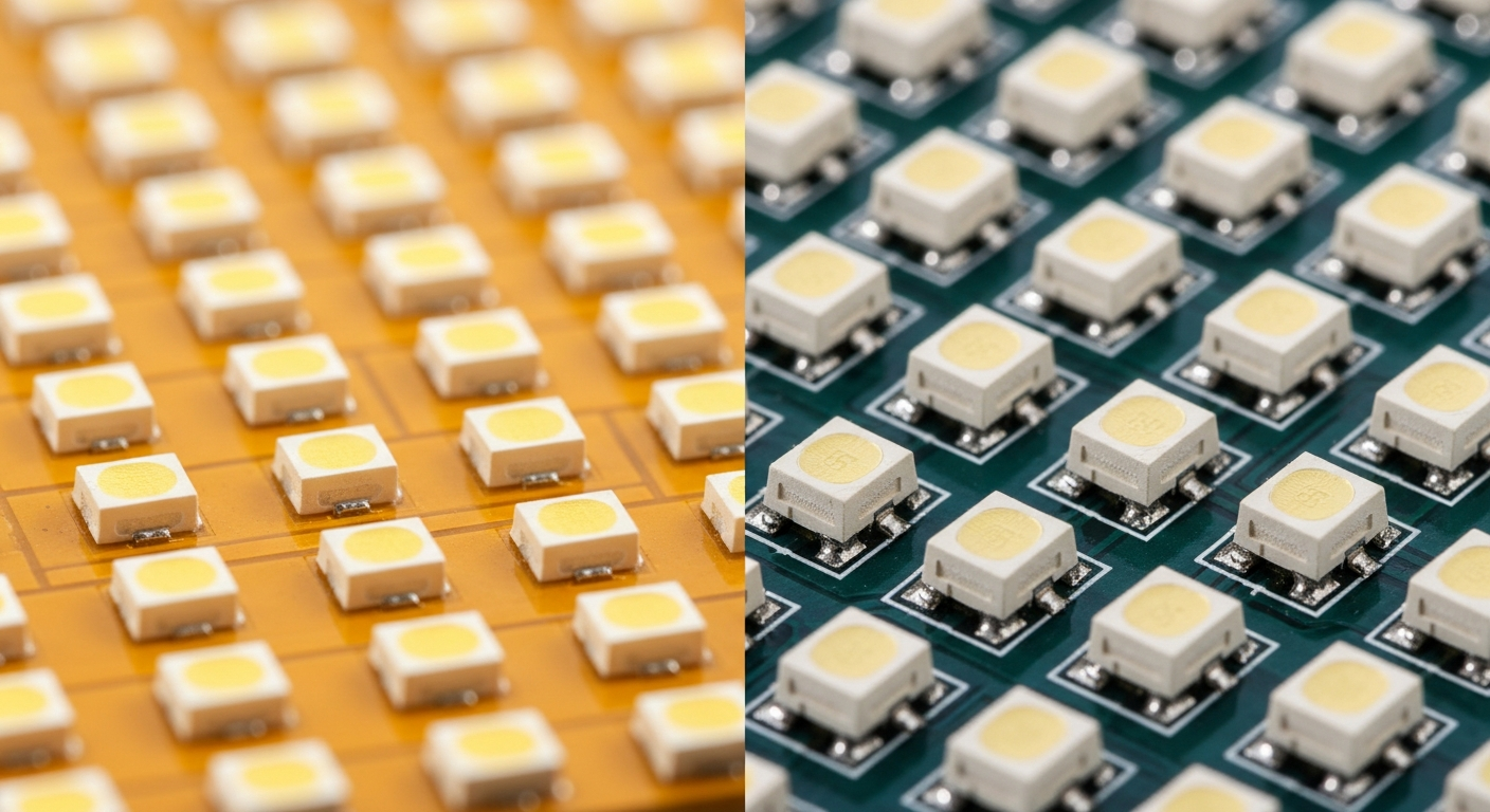 Macro comparison of a COB module surface (left) and an SMD module surface (right)