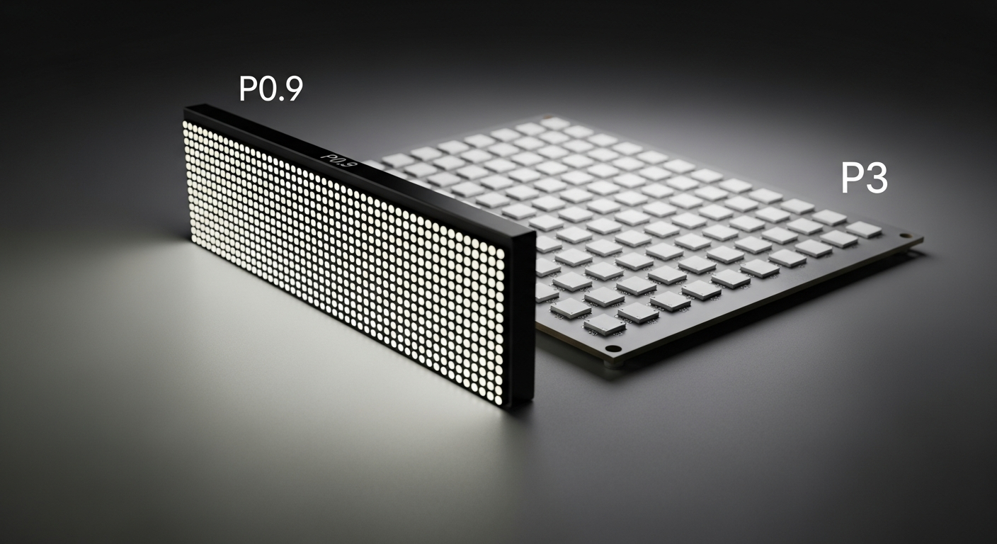 Fine-pitch P0.9 module next to a standard P3 module showing the difference in LED density