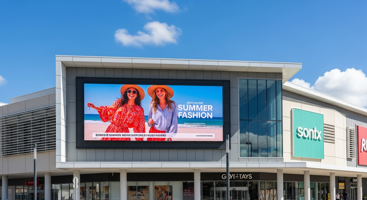 Outdoor LED billboard installed on an Australian shopping centre facade in daylight