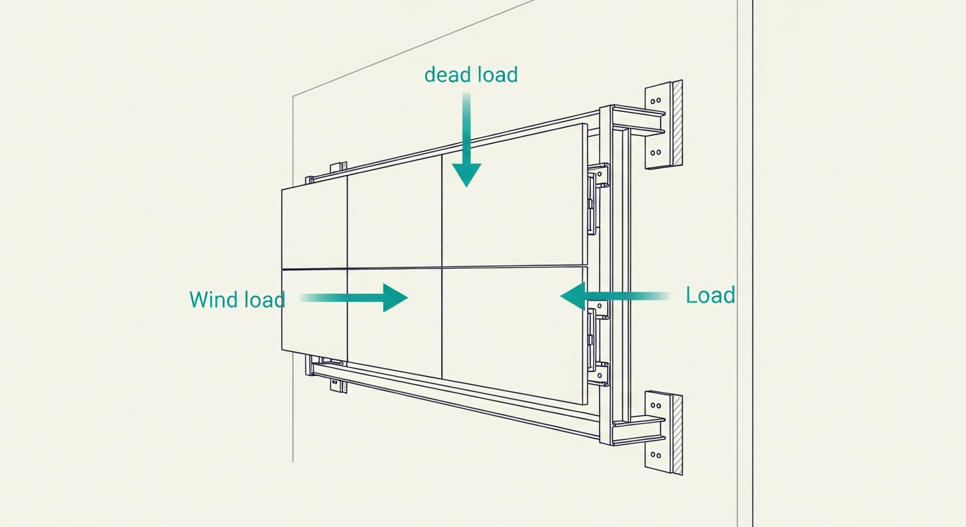 Line diagram showing dead-load and wind-load forces acting on a wall-mounted LED video wall