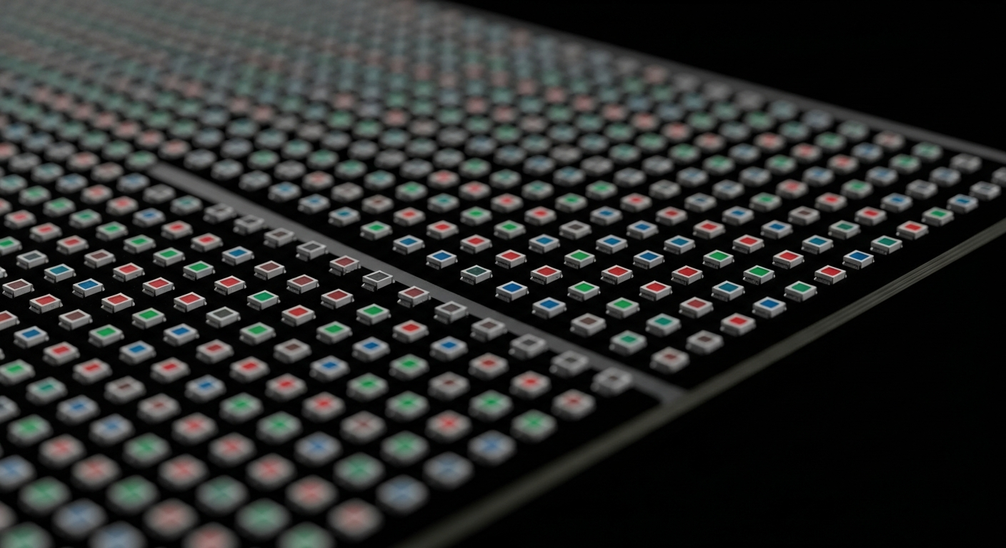 Macro close-up of a fine-pitch P1.5 LED panel showing the dense RGB pixel grid