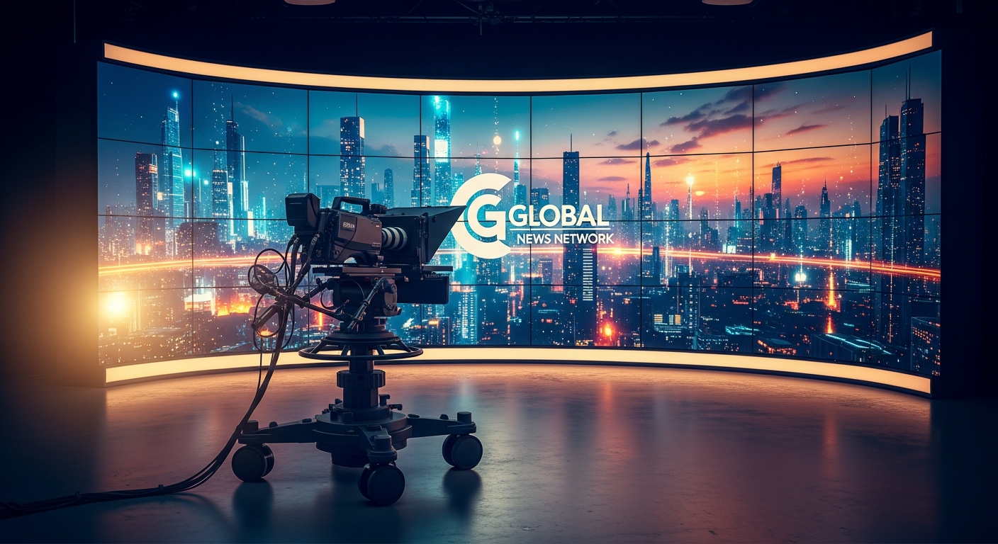 Broadcast camera in front of a fine-pitch LED video wall in a television studio