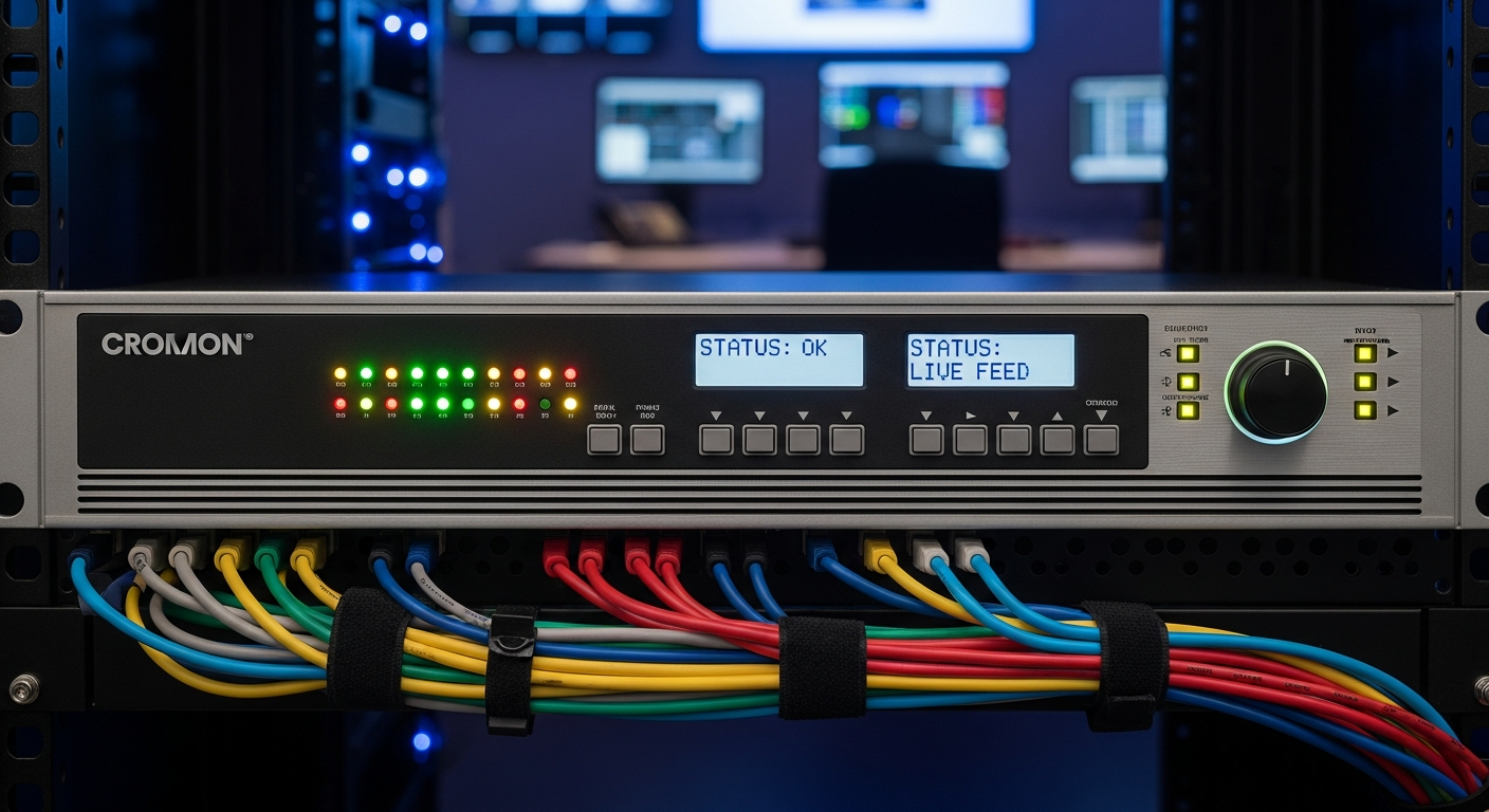 Rack-mounted LED video processor and scoreboard control unit in a venue control room