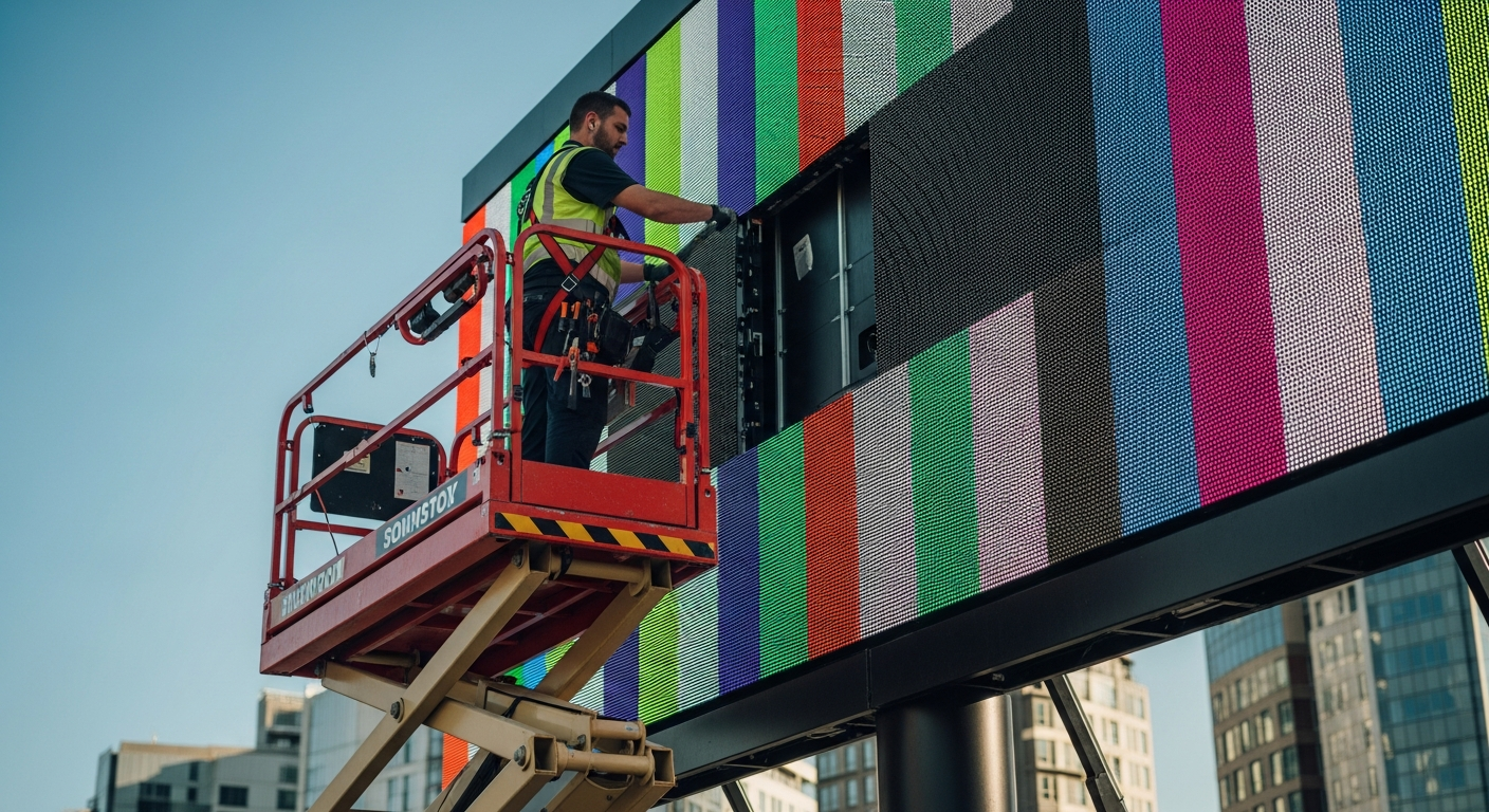 Service technician on a scissor lift replacing a module on an outdoor LED video wall