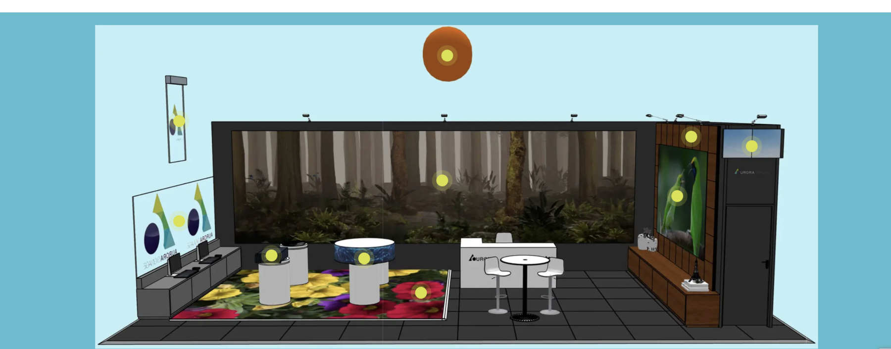 Aurora's Integrate 2025 stand showing a back-wall video wall, side LED columns, floor tiles, a curved display and a kiosk.