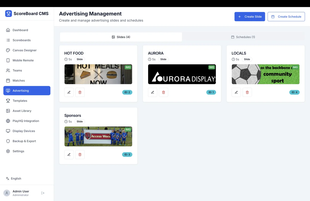 iSCORE Advertising Management — sponsor slides for Hot Food, Aurora and local clubs with timing and rotation controls