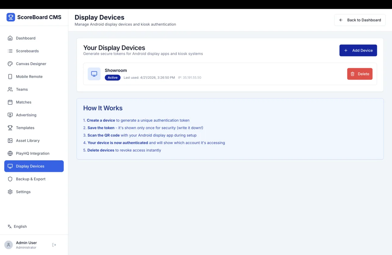 iSCORE Display Devices — paired Aurora Showroom display shown active with token-based pairing instructions