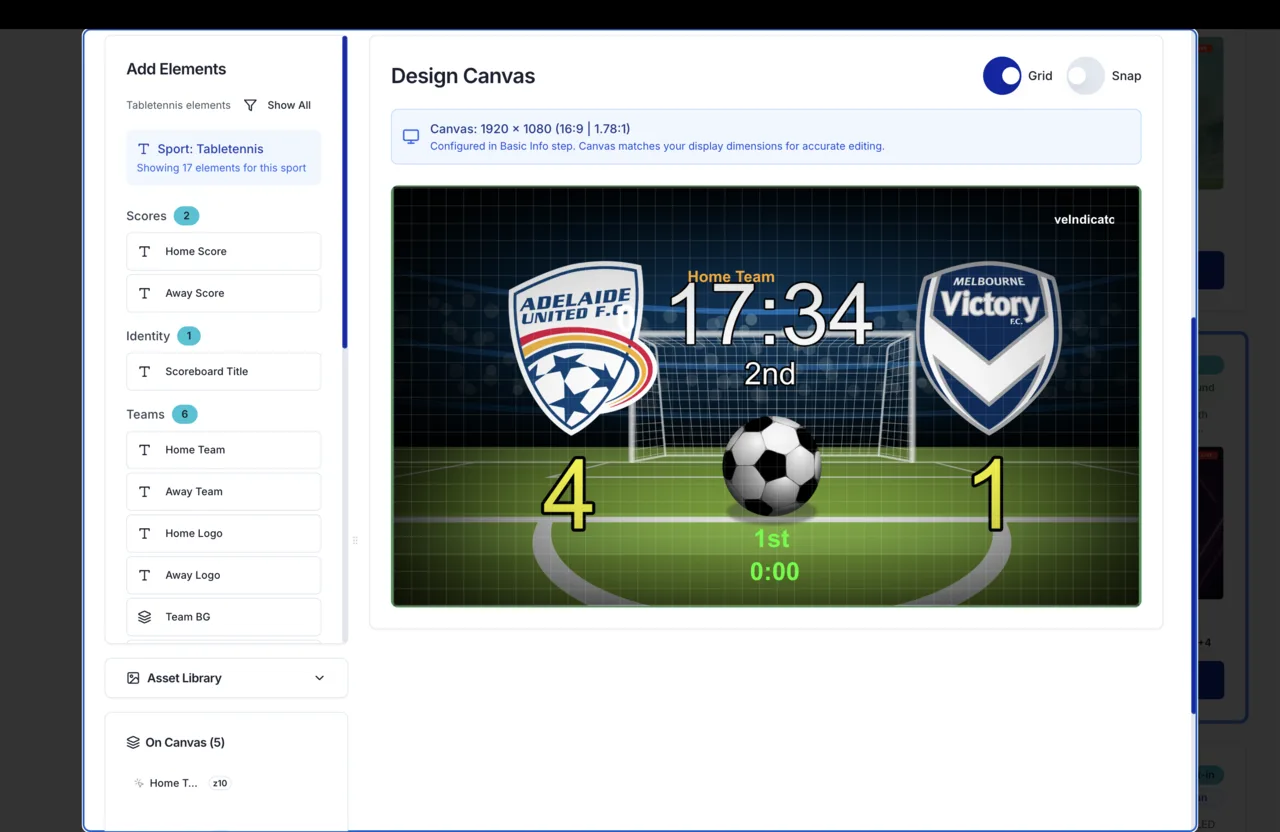 iSCORE Canvas Designer — drag-and-drop soccer scoreboard layout with team logos and live preview