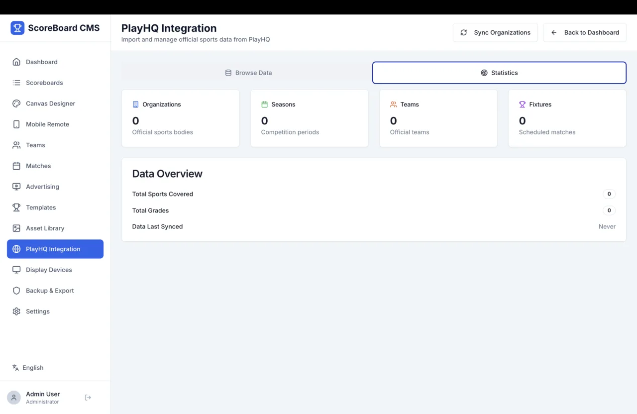 iSCORE PlayHQ Integration screen — import organisations, seasons, teams and fixtures directly from PlayHQ