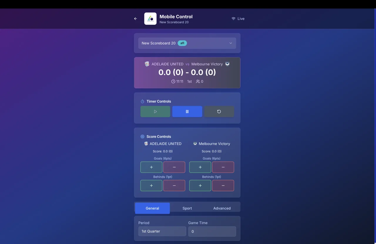 iSCORE Mobile Control — live AFL match between Adelaide United and Melbourne Victory with timer, score and goal/behind controls