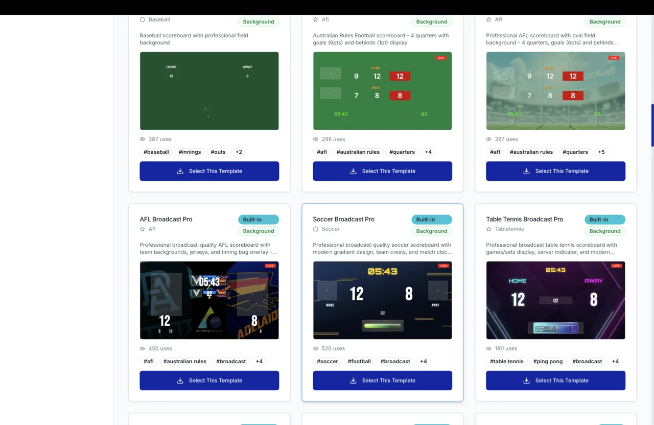 iSCORE Templates gallery — built-in baseball, AFL, soccer and table tennis broadcast templates