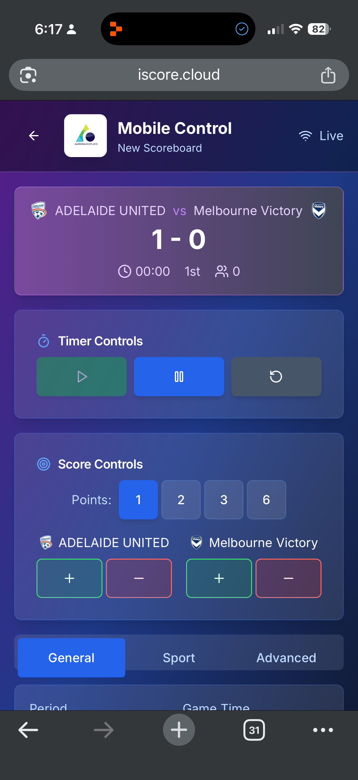 iSCORE mobile controller showing live score, timer and team controls for an Adelaide United vs Melbourne Victory match