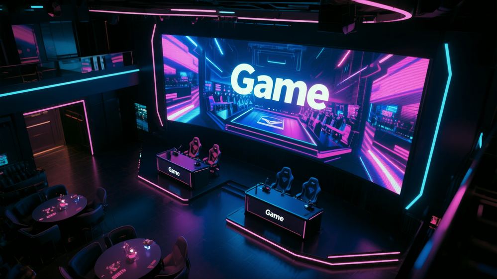 Neon-lit gaming setup with an Aurora LED cinema wall in game mode