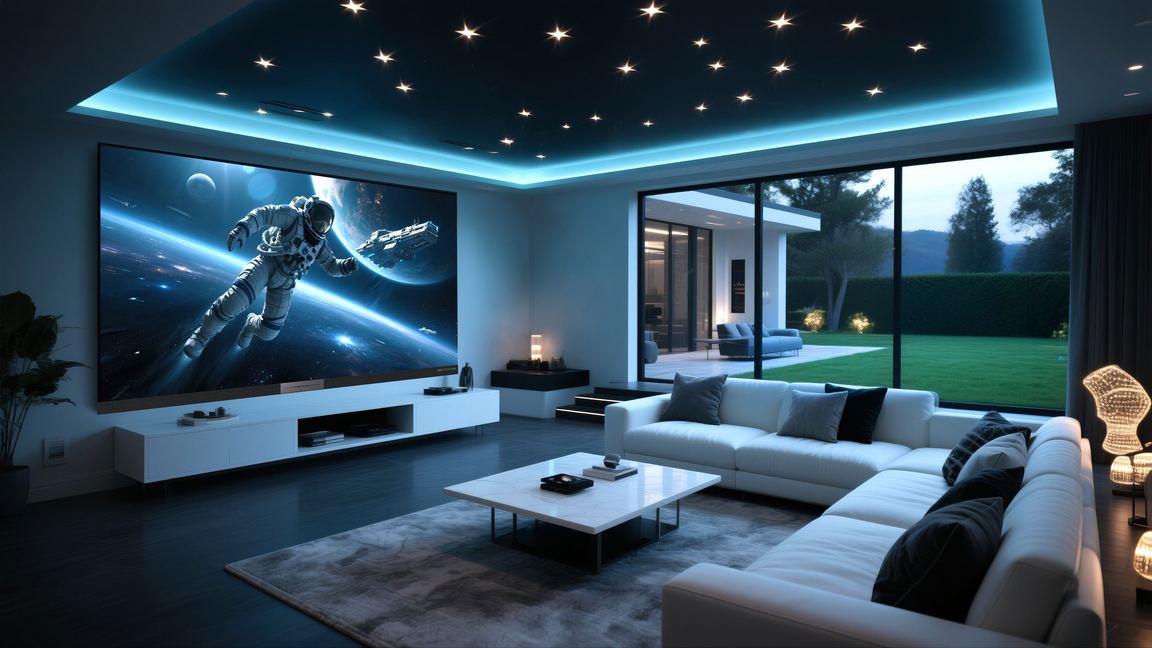 Open-plan living room with a full-wall Aurora LED cinema display