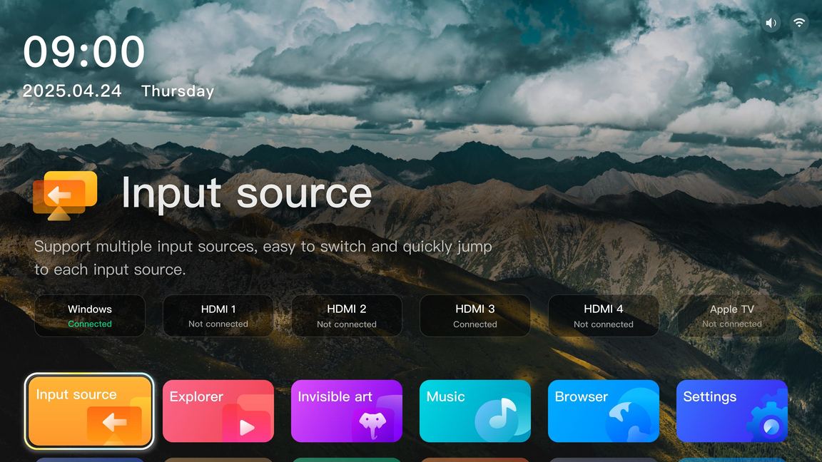 Aurora home-cinema operating system showing input-source selector and smart apps